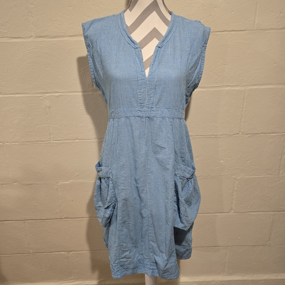 Rebe Bucket Pocket Dress Sleevless Blue/White GinghamV-neck Size XL USA.